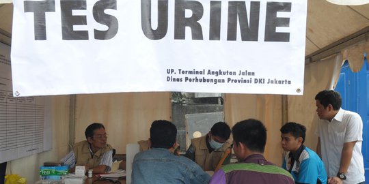Petugas tes urine sopir angkutan mudik di Terminal Pulogadung