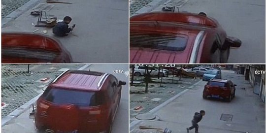 Video bocah di China selamat usai ditabrak mobil