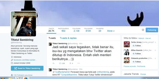 Tweet Tifatul picu trending topic 'Tutup Twitter di Indonesia'