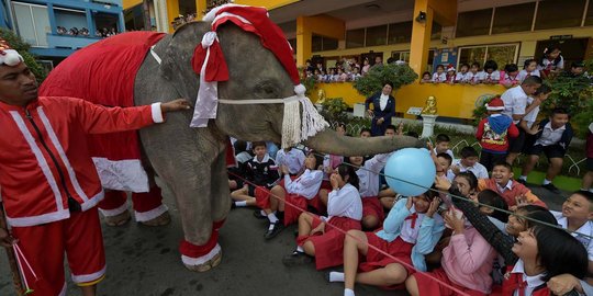 Aksi lucu gajah Sinterklas hibur anak-anak di Thailand