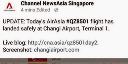 Channel News Asia beritakan AirAsia QZ8501 mendarat selamat