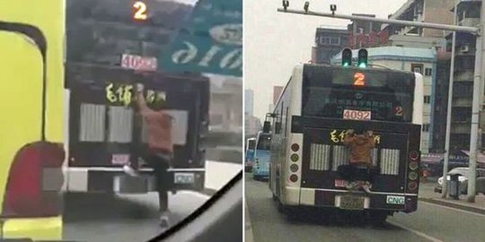 Aksi nekat pria gelantungan di pantat bus demi hemat Rp 4 ribu