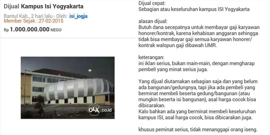 Cerita Kampus ISI Yogya dijual di OLX