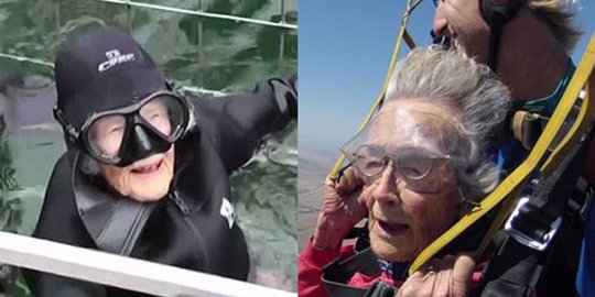 Ultah ke-100, nenek ini lakukan skydiving dan berenang dengan hiu