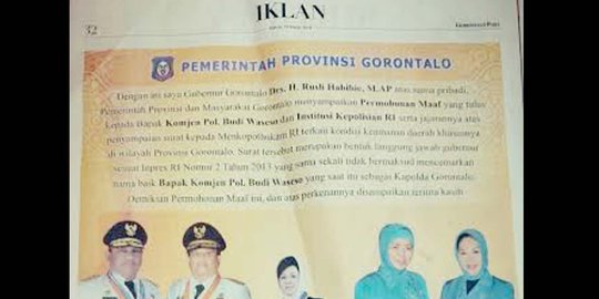 Ini iklan permintaan maaf gubernur Gorontalo ke Komjen Budi Waseso