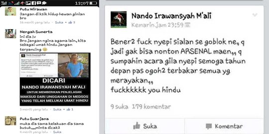 Kesal tak bisa nonton Arsenal, Nando hujat perayaan Nyepi di FB