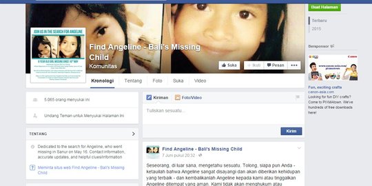 Fanpage Facebook 'Find Angeline' diduga dibuat Christina di Amerika