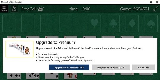 Main Solitaire di Windows 10 harus bayar, Microsoft diprotes