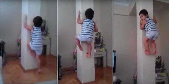 Bocah ini bisa merayap di tiang bak spiderman