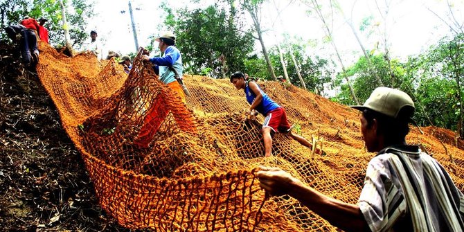 Jaring sabut kelapa dan rumput akar wangi efektif cegah longsor