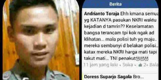 Gara-gara status FB menyindir TNI, anggota Polres Toraja dihukum