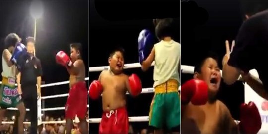 Video lucu bocah meraung saat kena pukul lawan di atas ring