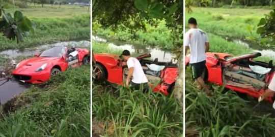 [Video] Ferrari California 'kesurupan' dan nyemplung ke sungai