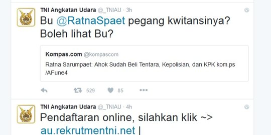 Lewat Twitter, TNI AU minta Ratna Sarumpaet buktikan Ahok beli TNI