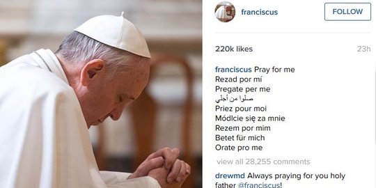 Bikin akun Instagram, Paus Fransiskus langsung dapat 1 juta pengikut