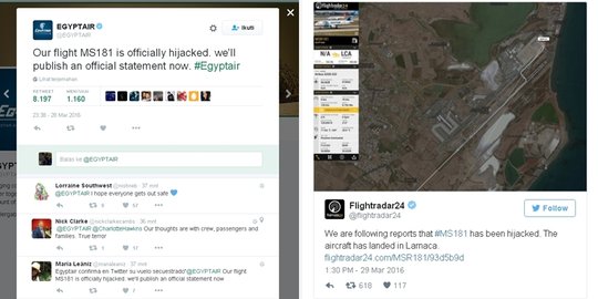 EgyptAir umumkan pesawat MS181 benar-benar dibajak via Twitter