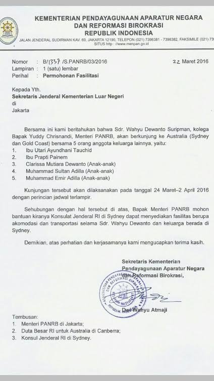 Beredar surat kolega Menteri Yuddy minta pelesiran ke 