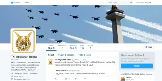 Akun Twitter resmi TNI AU sabet penghargaan Marketeers Netizen Award