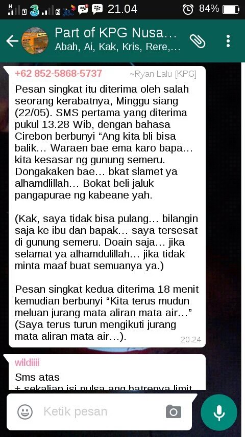 sms pendaki hilang di gunung semeru