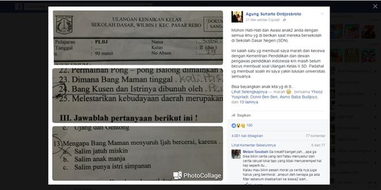 Guru SD beri soal ulangan tentang cerai & pembunuhan kena sanksi