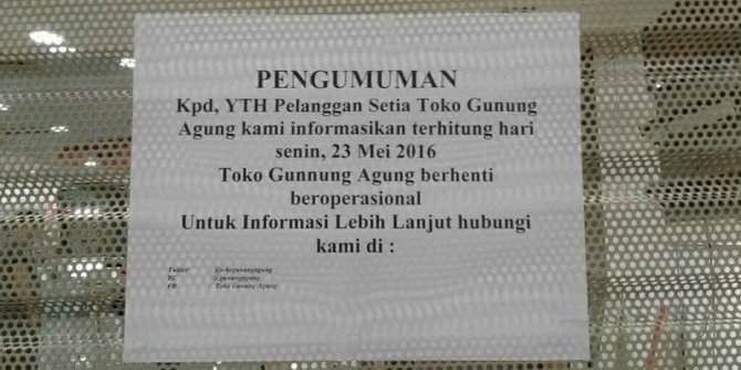 Toko buku legendaris Gunung Agung Bandung tutup