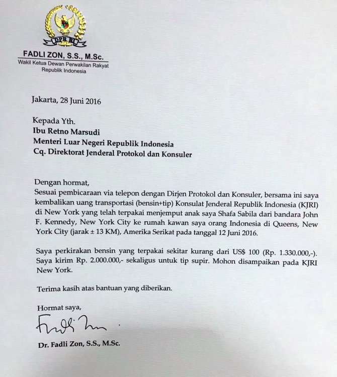 surat fadli zon ke menteri luar negeri