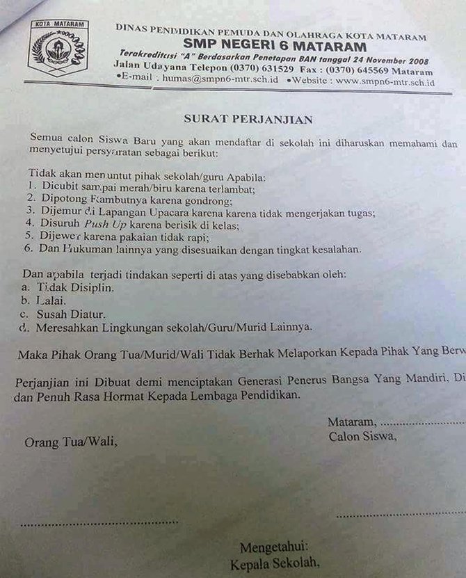surat perjanjian calon siswa baru smpn 6 mataram