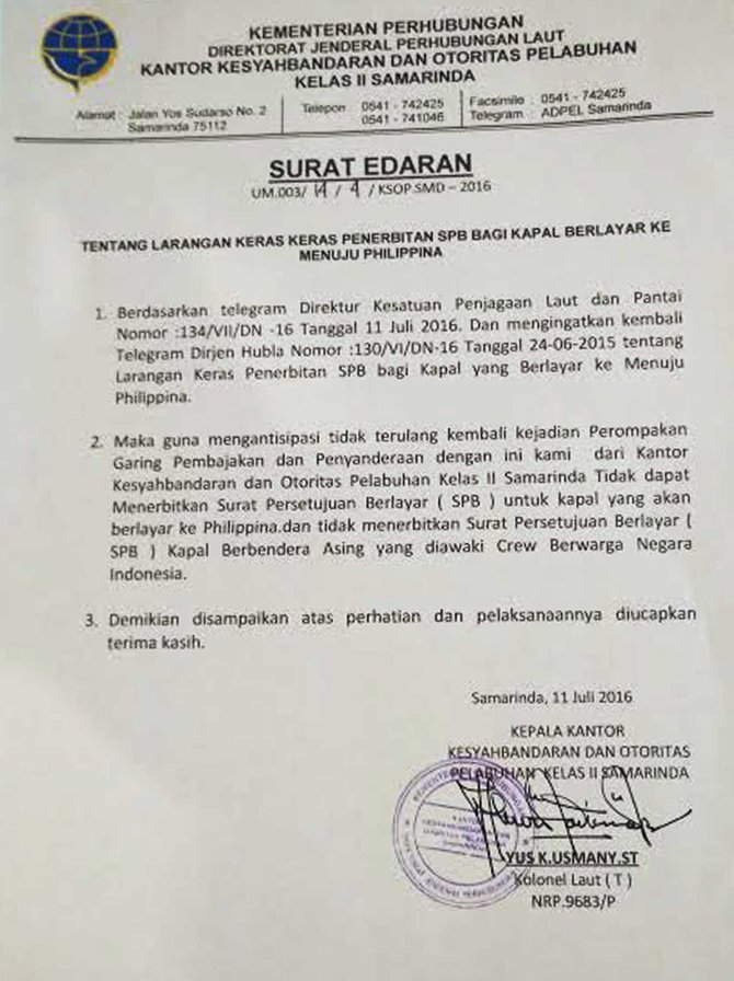 telegram dan edaran larangan kapal indonesia berlayar ke filipina