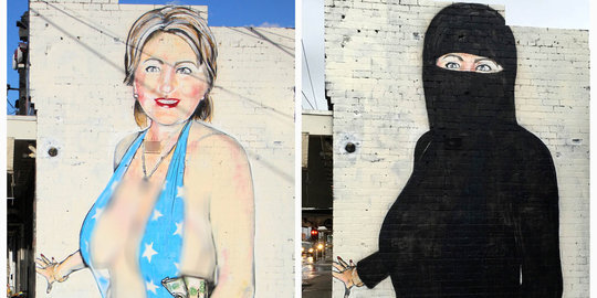 Tuai kecaman, mural Hillary Clinton berbikini kini bercadar