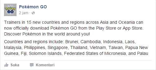 pengumuman resmi rilisnya aplikasi pokemon go di indonesia via facebook