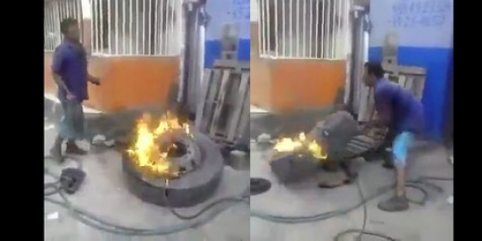 Coba pasang ban pakai api, lihat yang terjadi pada pria ini