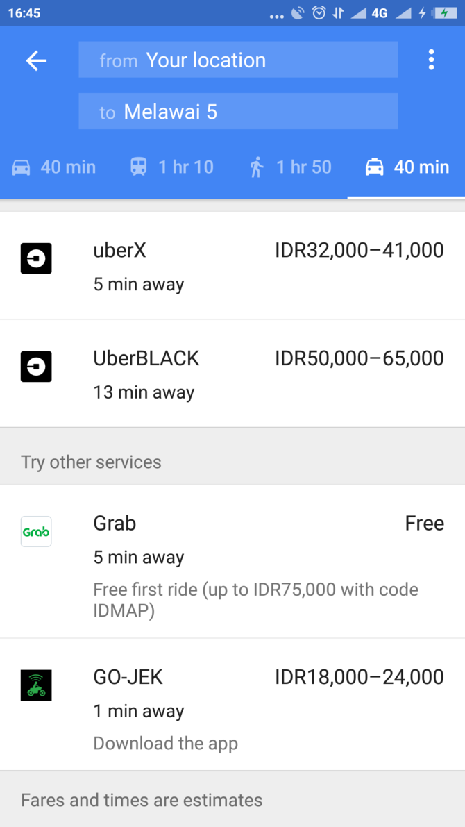 tampilan google maps yang dilengkapi tarif go jek uber dan grab