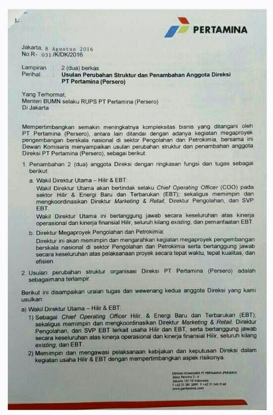 surat pertamina minta tambahan direksi beredar