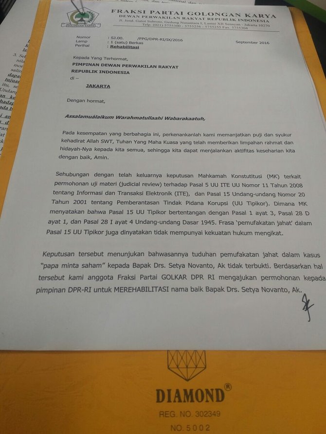 surat golkar minta dpr rehabilitasi setya novanto