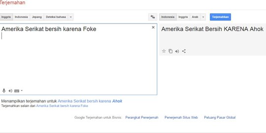 'Bersih karena Foke' di Google Translate jadi 'Bersih KARENA Ahok'
