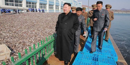 Tawa puas Kim Jong-un melihat hasil tangkapan ikannya melimpah