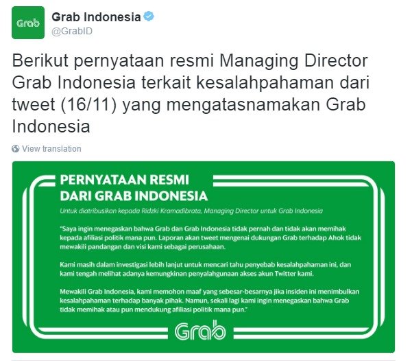 pernyataan resmi grab terkait dukungan terhadap ahok