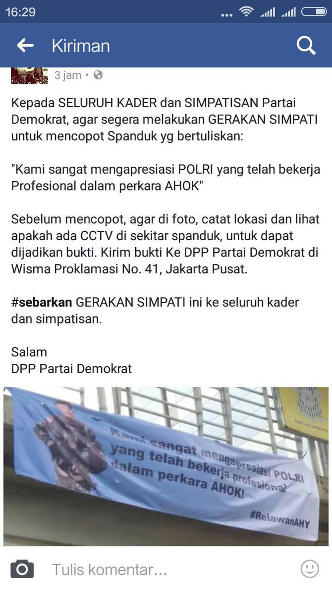 pesan pencopotan spanduk kasus ahok bergambar agus