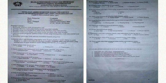 Soal ujian SMP Muhammadiyah di Purbalingga ada pertanyaan kasus Ahok
