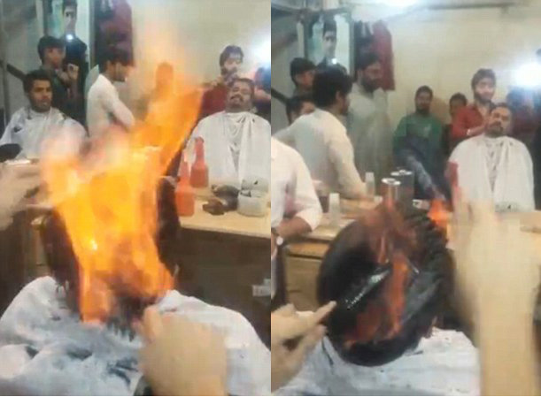 tukang cukur di pakistan gunting rambut pelanggan pakai api