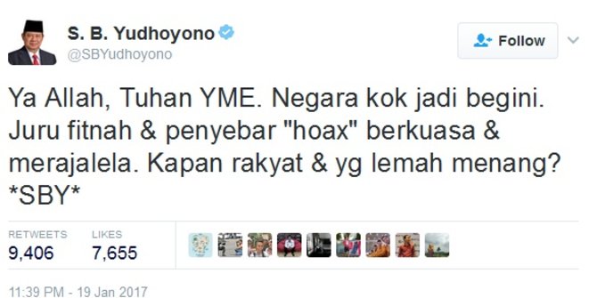 Barisan pendukung cuitan SBY 'juru fitnah berkuasa'