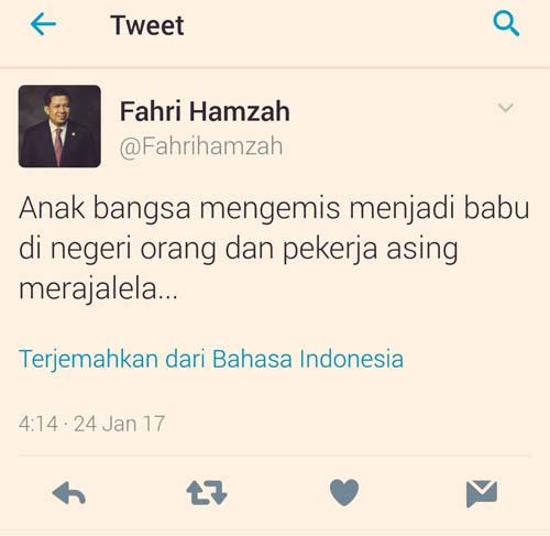 tweet fahri hamzah dan hanif dhakiri