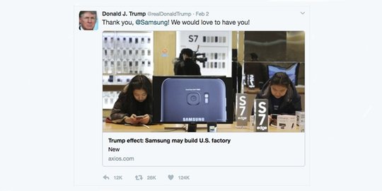 Tweet ungkapan \'thank you\' dari Trump, buat Samsung gelisah