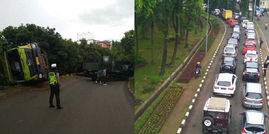 Truk terguling di flyover UI, lalu lintas Depok ke Jakarta tersendat