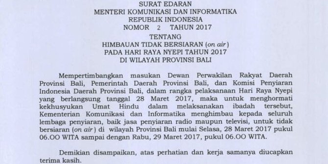 TV dan radio wajib setop siaran saat Nyepi