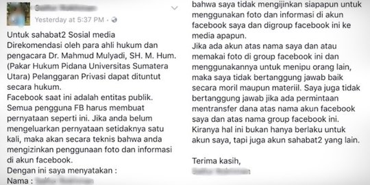 Larangan copas status dan ambil foto di Facebook, ternyata hoax