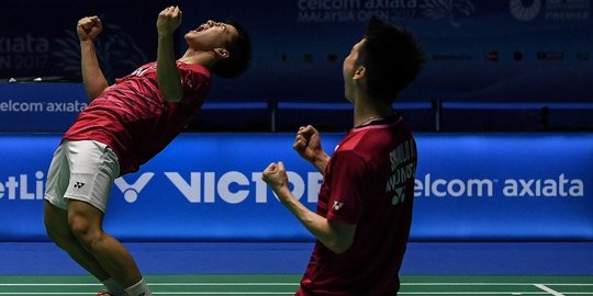 Selebrasi pasangan Marcus dan Kevin saat juarai Malaysia Open 2017