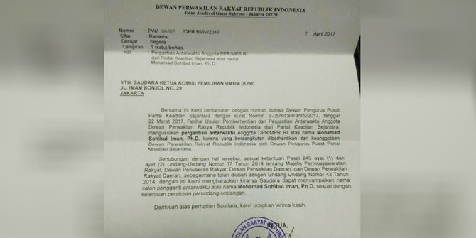 surat pemberhentian sohibul iman