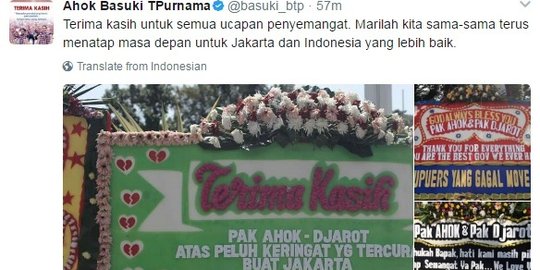 Ahok-Djarot balas karangan bunga dukungan warga lewat Twitter