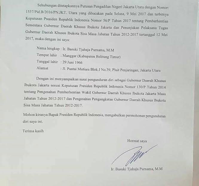 Begini Isi Surat Pengunduran Diri Ahok Kepada Jokowi Merdeka Com